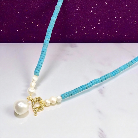 🆕Turquoise & Freshwater Pearls Beaded Necklace | 14K Gold Accents | Trendy Chic - Picture 11 of 13